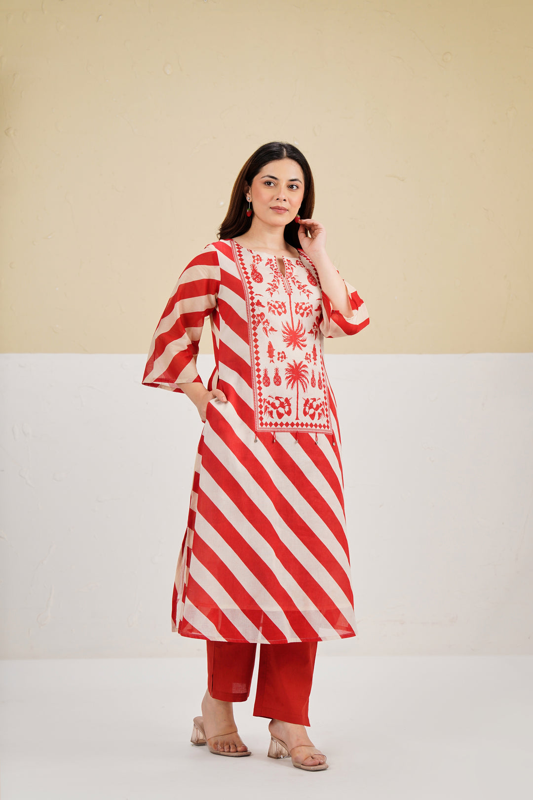 Red and Cream Striped Printed Custard Cotton Kurta Set