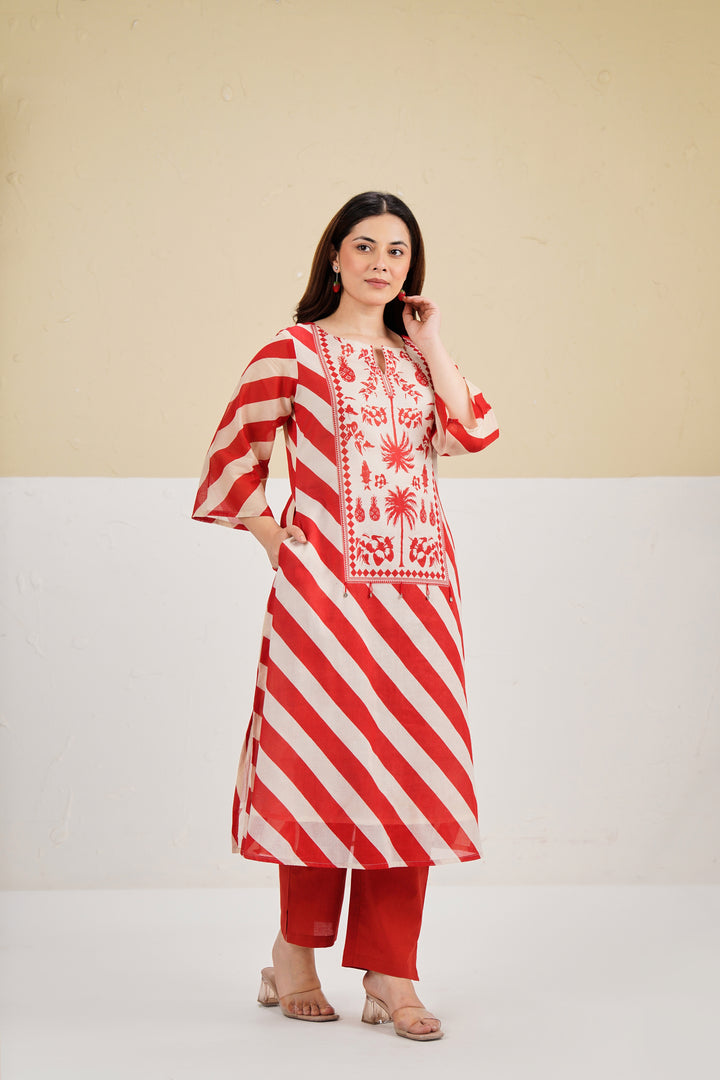 Red and Cream Striped Printed Custard Cotton Kurta Set