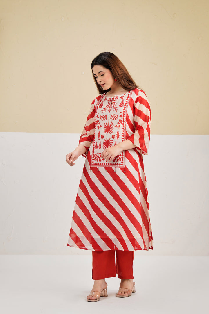 Red and Cream Striped Printed Custard Cotton Kurta Set