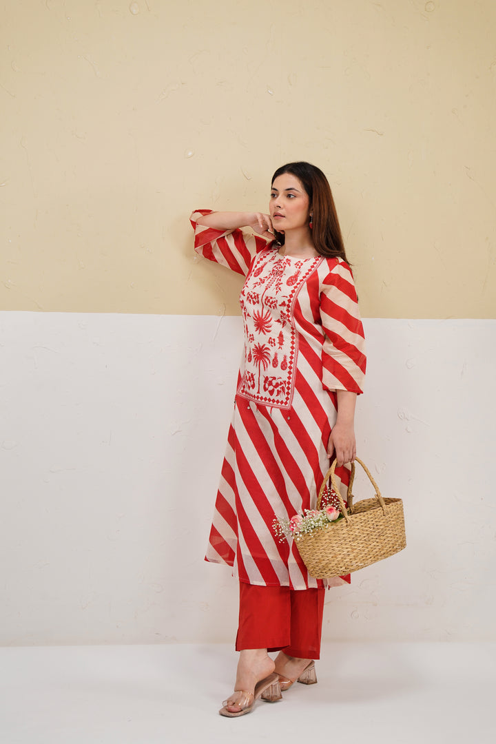 Red and Cream Striped Printed Custard Cotton Kurta Set
