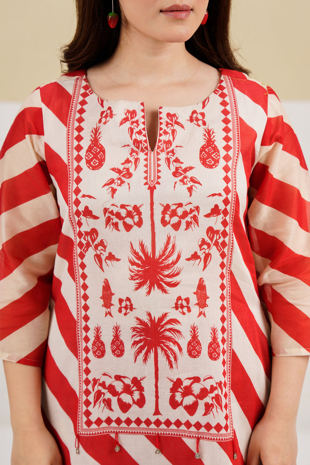 Red and Cream Striped Printed Custard Cotton Kurta Set