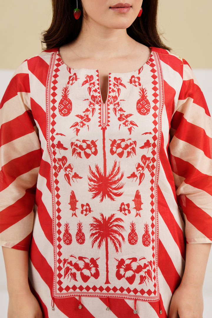 Red and Cream Striped Printed Custard Cotton Kurta Set
