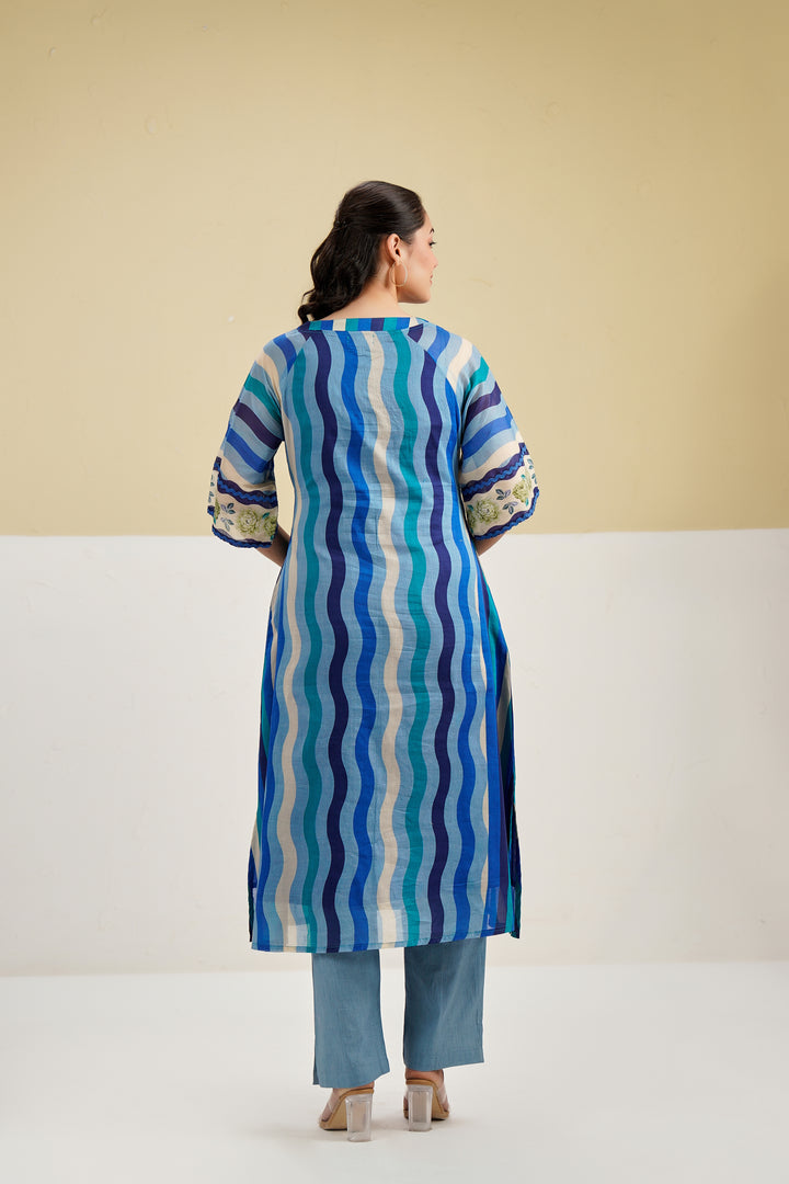 Custard Blue Multi Stripe Printed Straight Cotton Kurta set