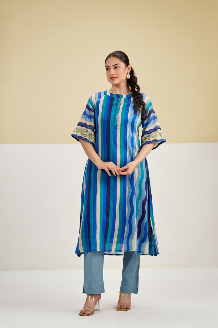 Custard Blue Multi Stripe Printed Straight Cotton Kurta set