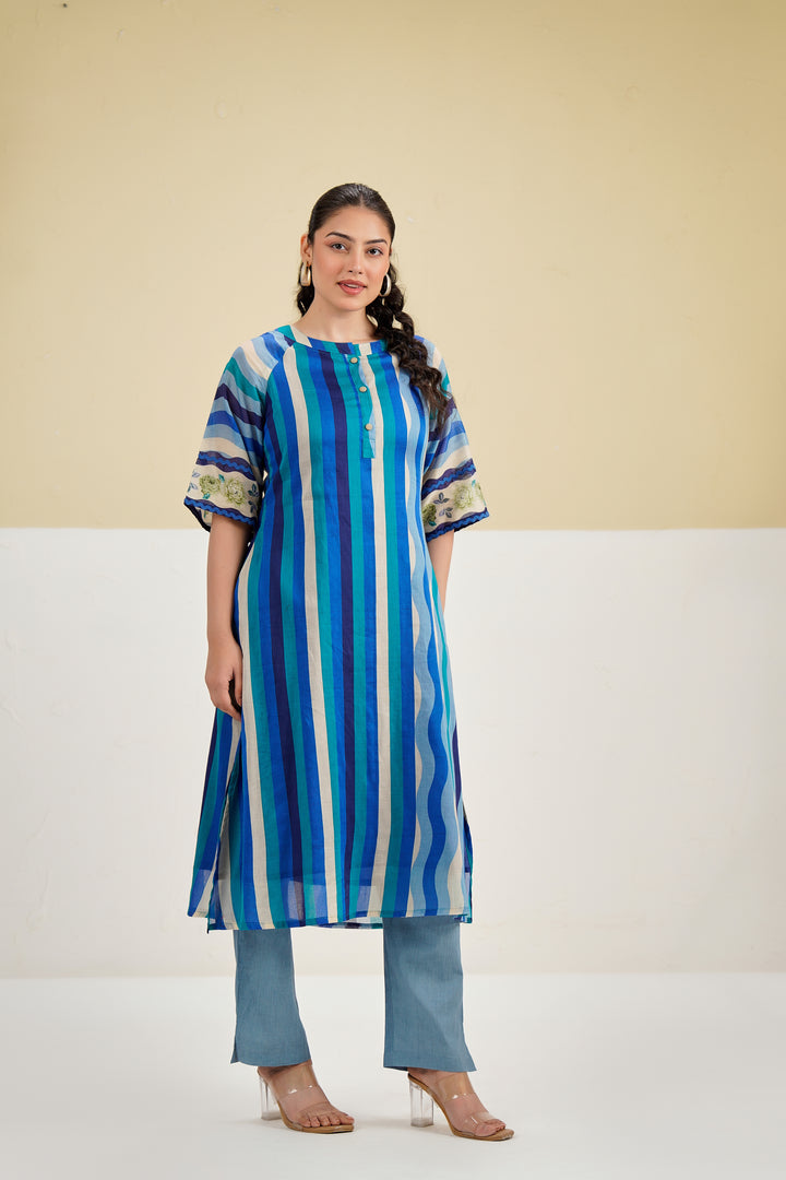 Custard Blue Multi Stripe Printed Straight Cotton Kurta set