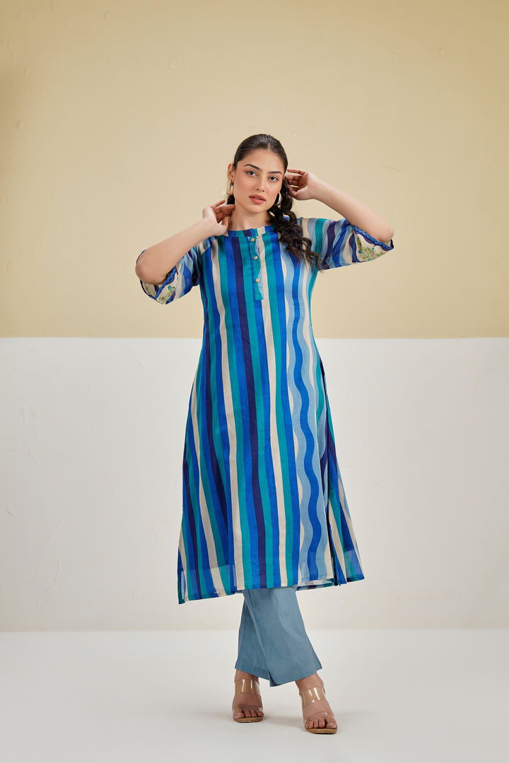 Custard Blue Multi Stripe Printed Straight Cotton Kurta set
