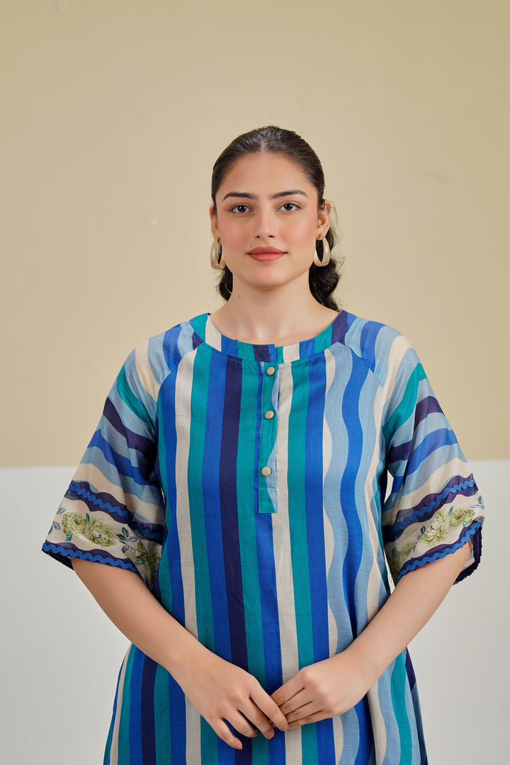 Custard Blue Multi Stripe Printed Straight Cotton Kurta set