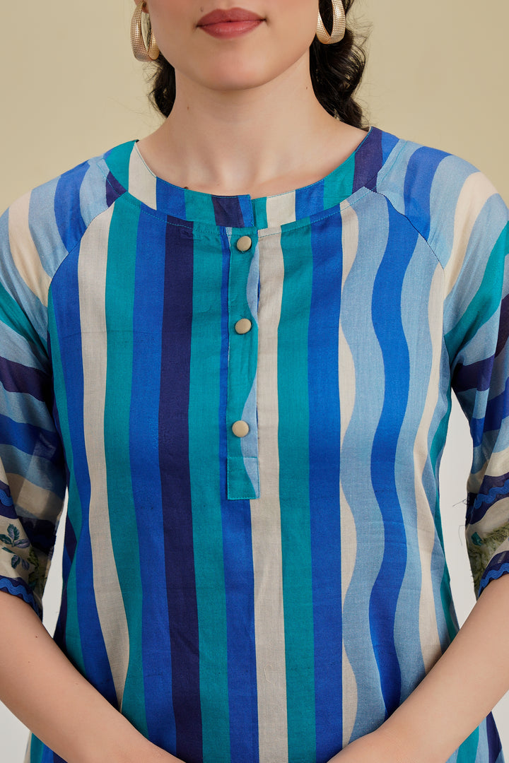 Custard Blue Multi Stripe Printed Straight Cotton Kurta set