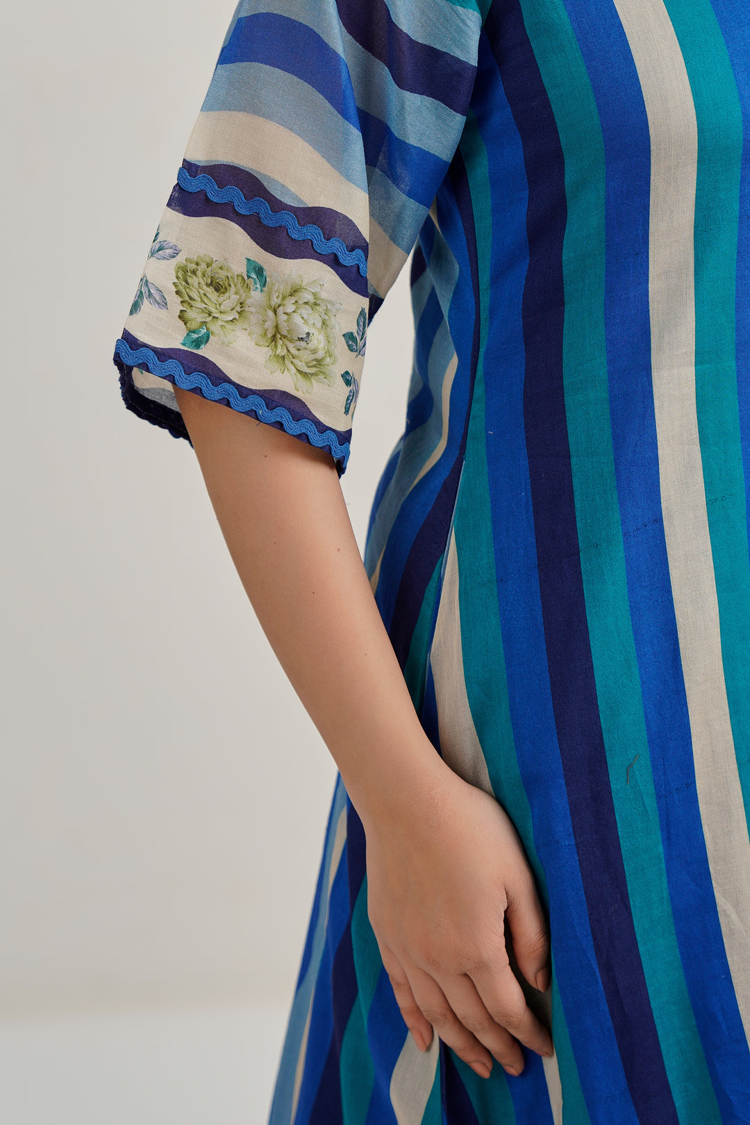 Custard Blue Multi Stripe Printed Straight Cotton Kurta set