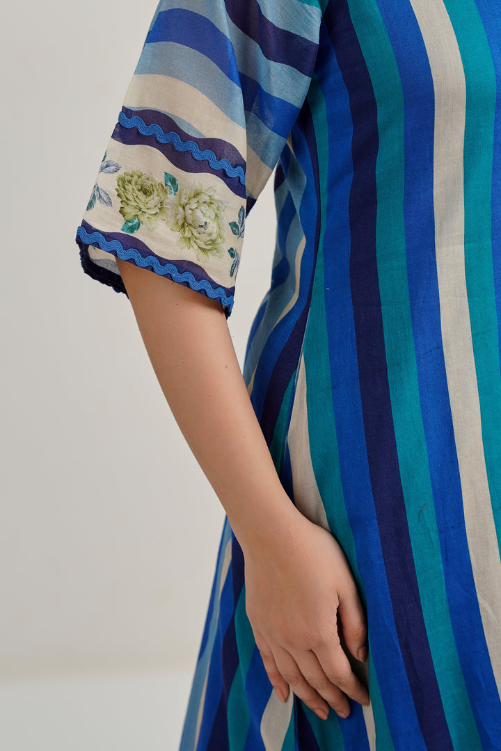 Custard Blue Multi Stripe Printed Straight Cotton Kurta set