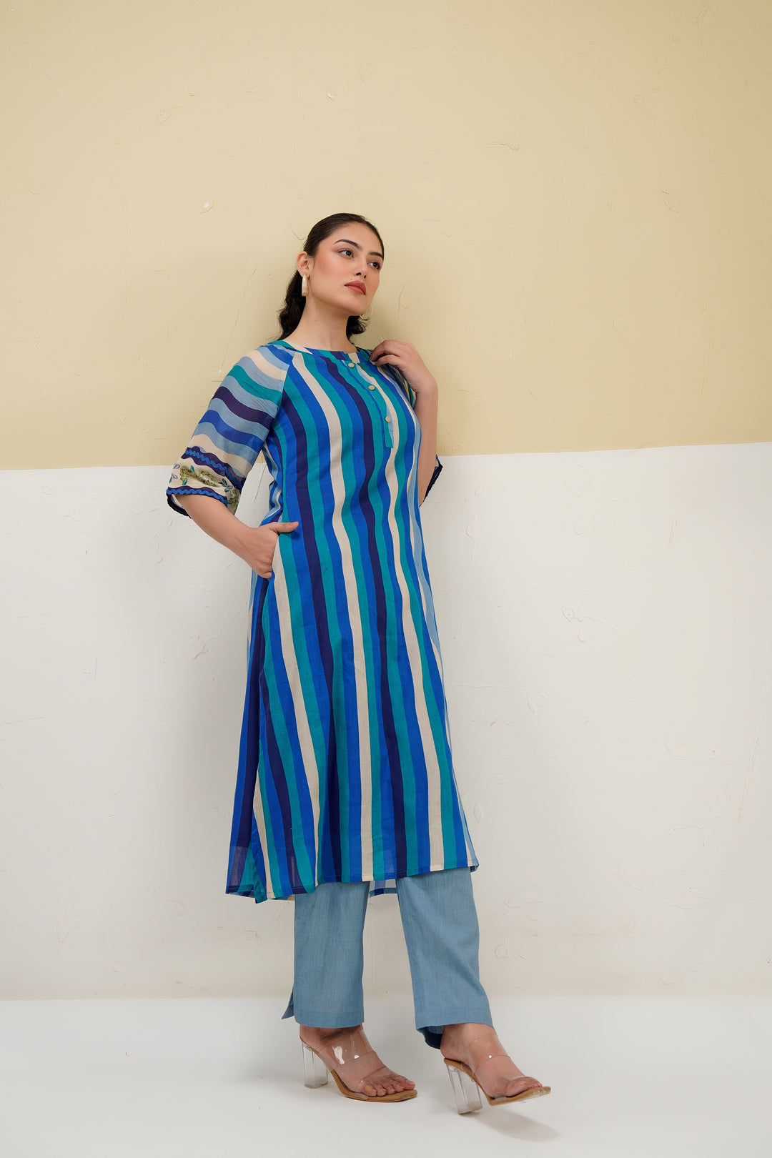 Custard Blue Multi Stripe Printed Straight Cotton Kurta set