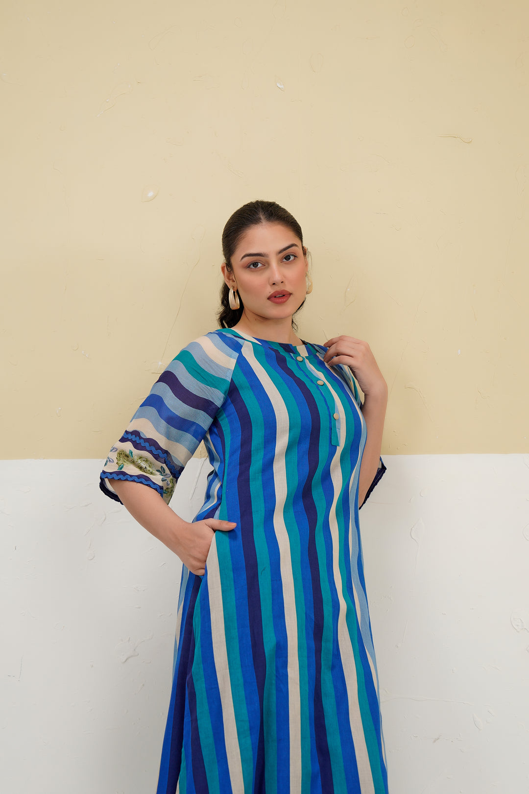 Custard Blue Multi Stripe Printed Straight Cotton Kurta set
