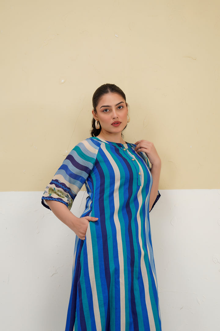 Custard Blue Multi Stripe Printed Straight Cotton Kurta set