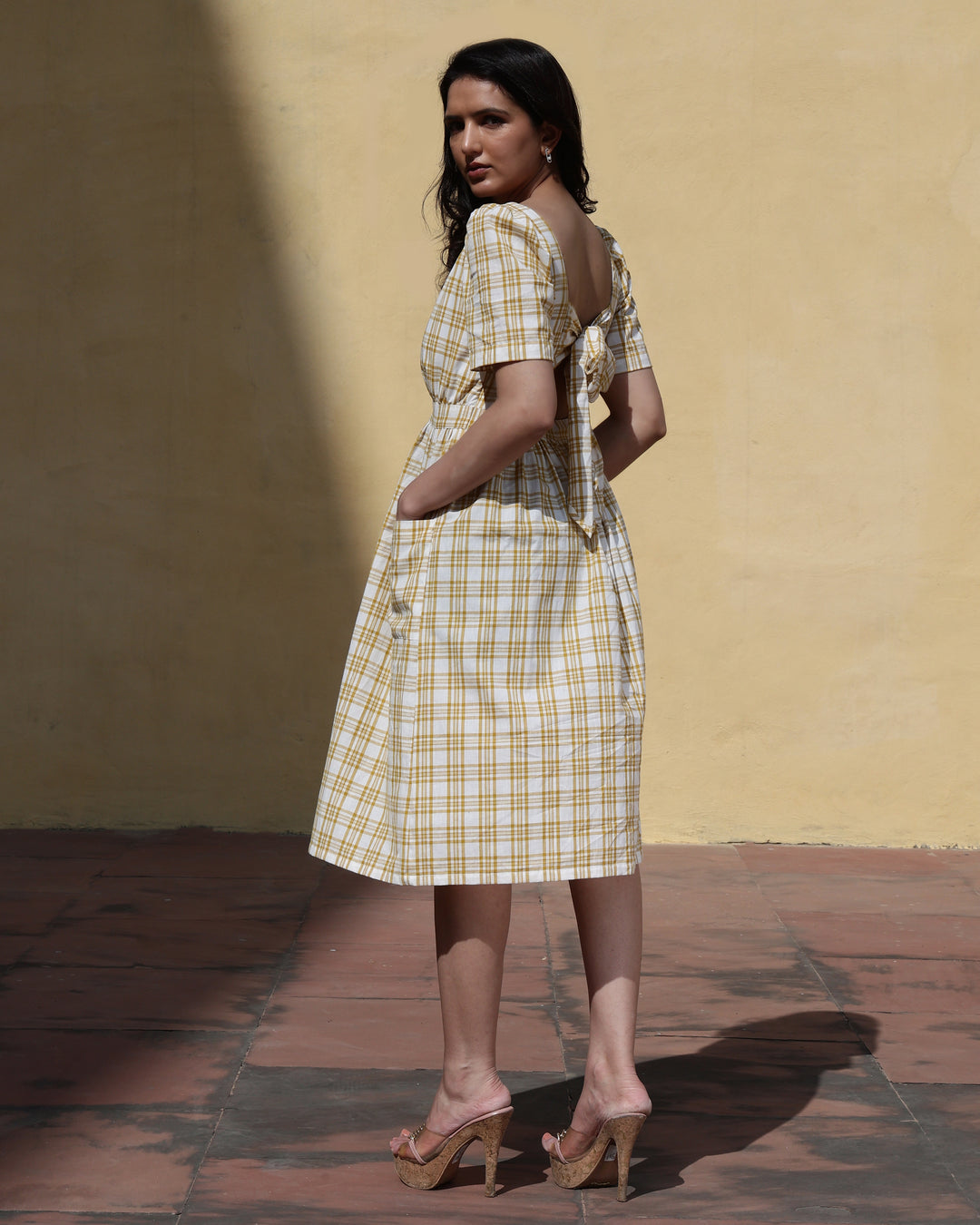 WOMEN COTTON MUSTARD & WHITE CHEQUER PLAID A LINE DRESS