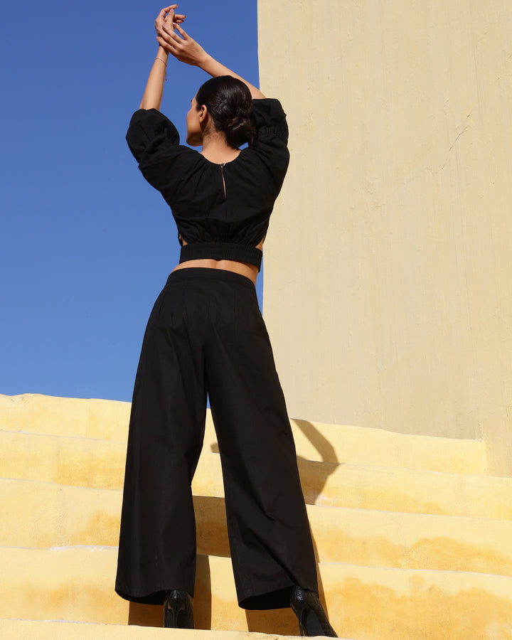 WOMEN SOLID BLACK CO-ORD SET (WITH PANTS & CROP TOP)