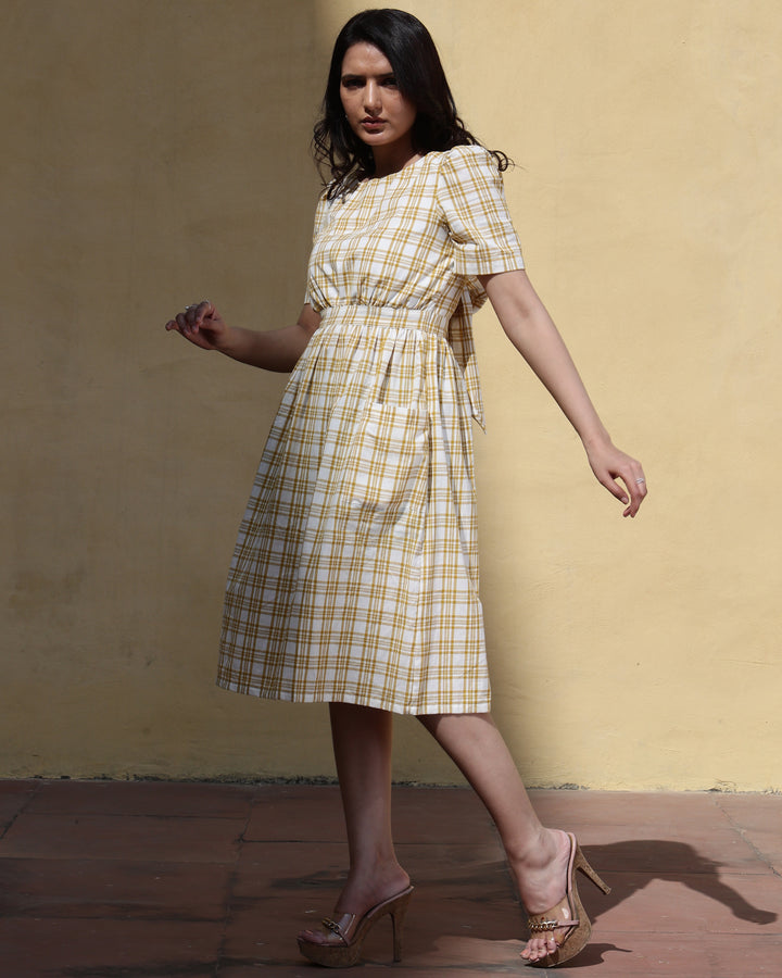 WOMEN COTTON MUSTARD & WHITE CHEQUER PLAID A LINE DRESS