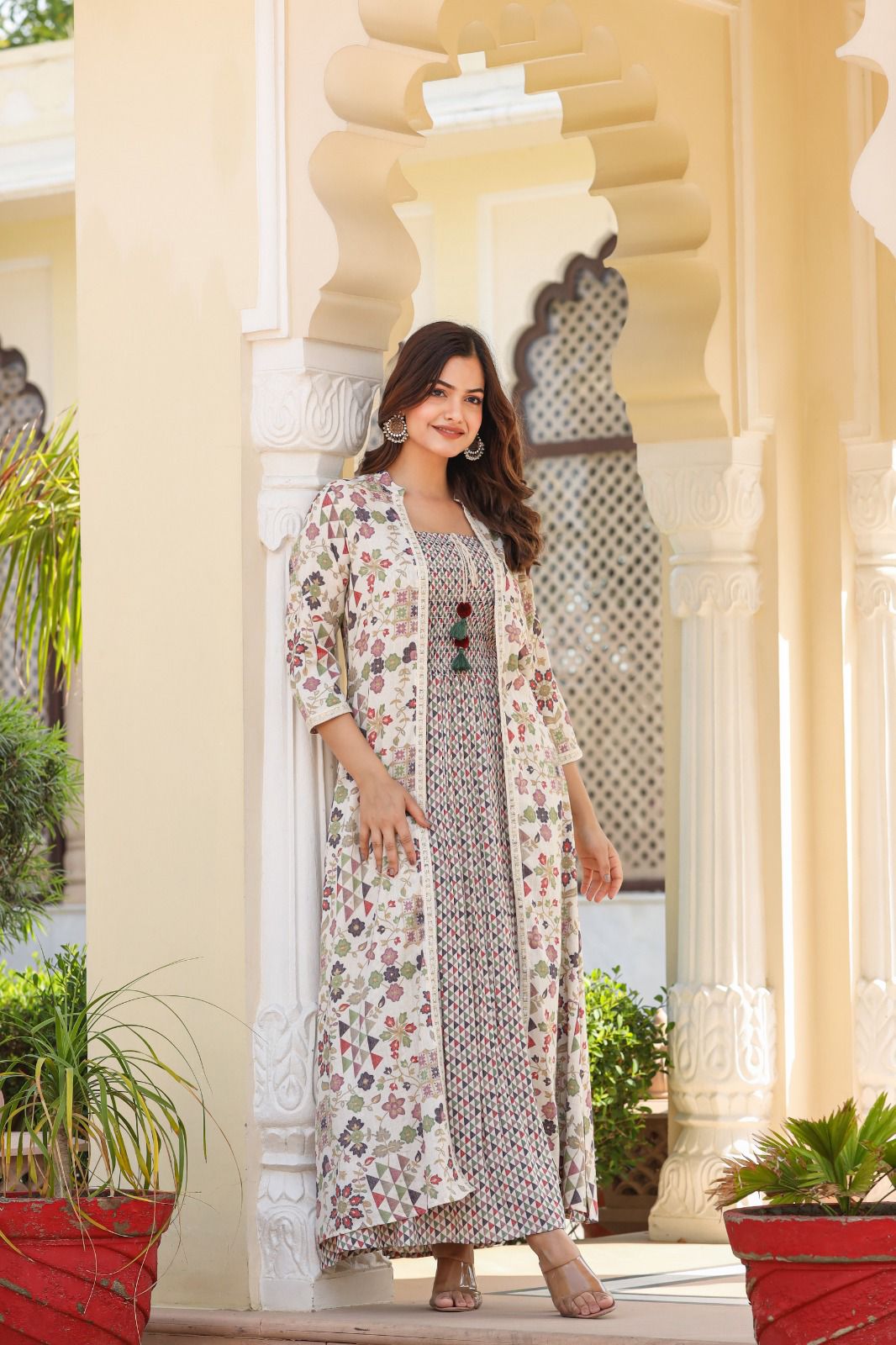 Versatile Printed Maxi Dress with a Stylish Shrug