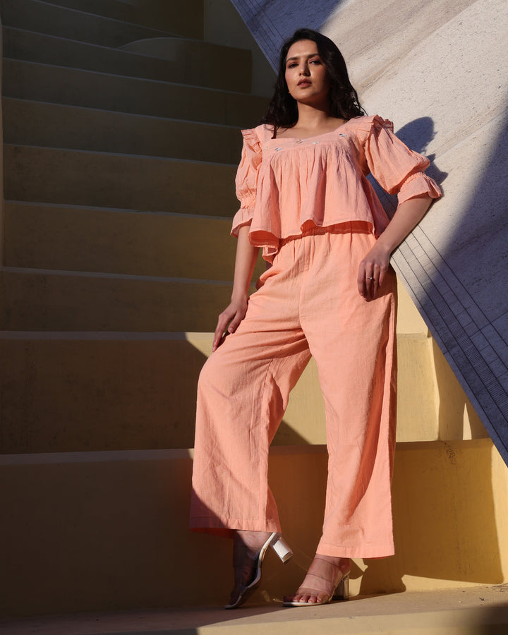 WOMEN'S ORANGE COTTON TEXTURED CO-ORD SET (WITH PANTS & CROP TOP)