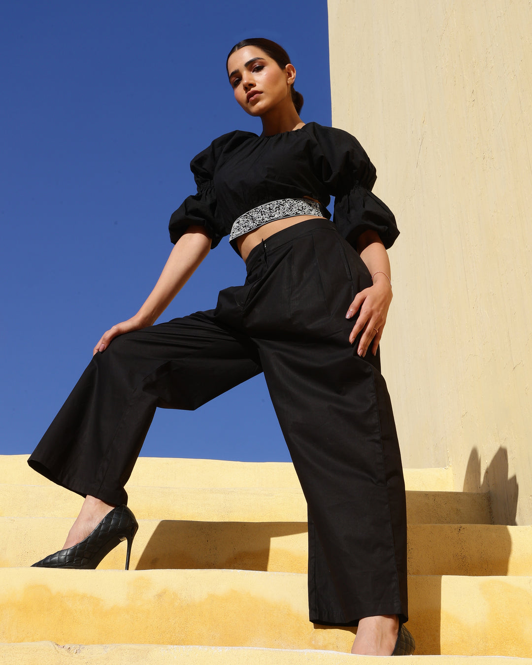 WOMEN SOLID BLACK CO-ORD SET (WITH PANTS & CROP TOP)