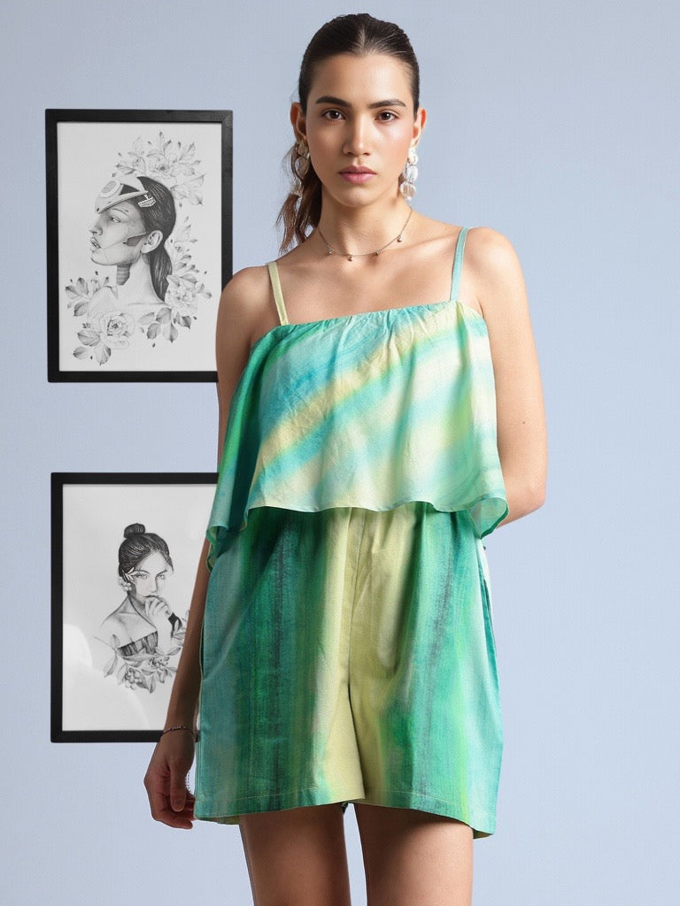 GREEN & YELLOW MULITCOLOUR COTTON ABSTRACT LAYERED SLEEVELESS JUMPSUIT