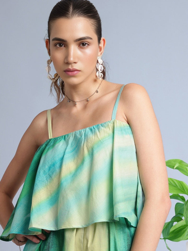 GREEN & YELLOW MULITCOLOUR COTTON ABSTRACT LAYERED SLEEVELESS JUMPSUIT