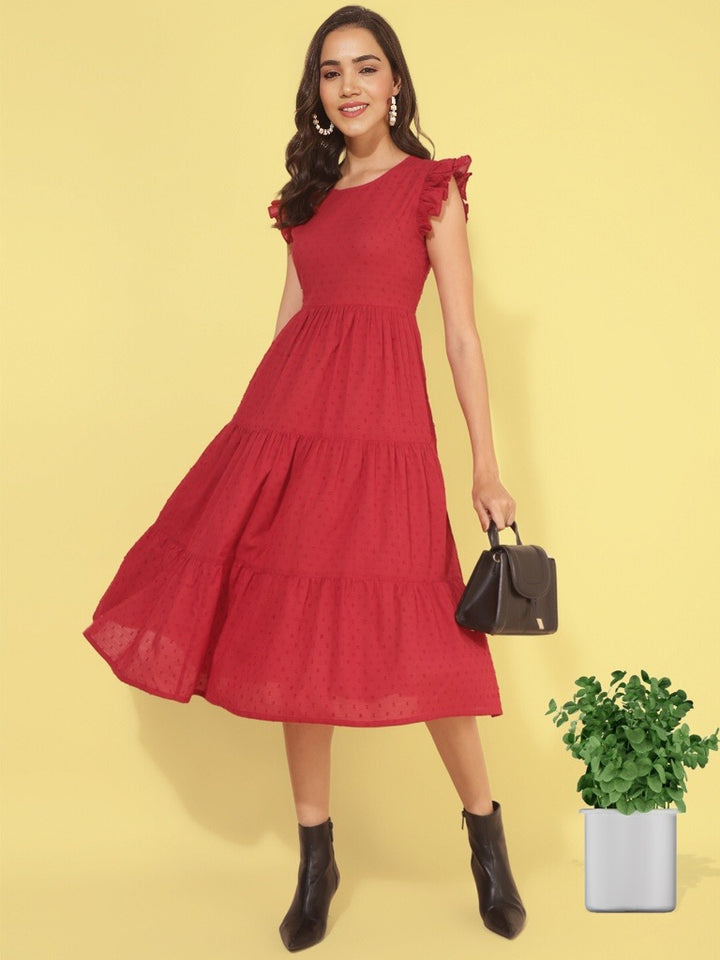 RED COTTON TEXTURED  SOLID TIERED WESTERN DRESS