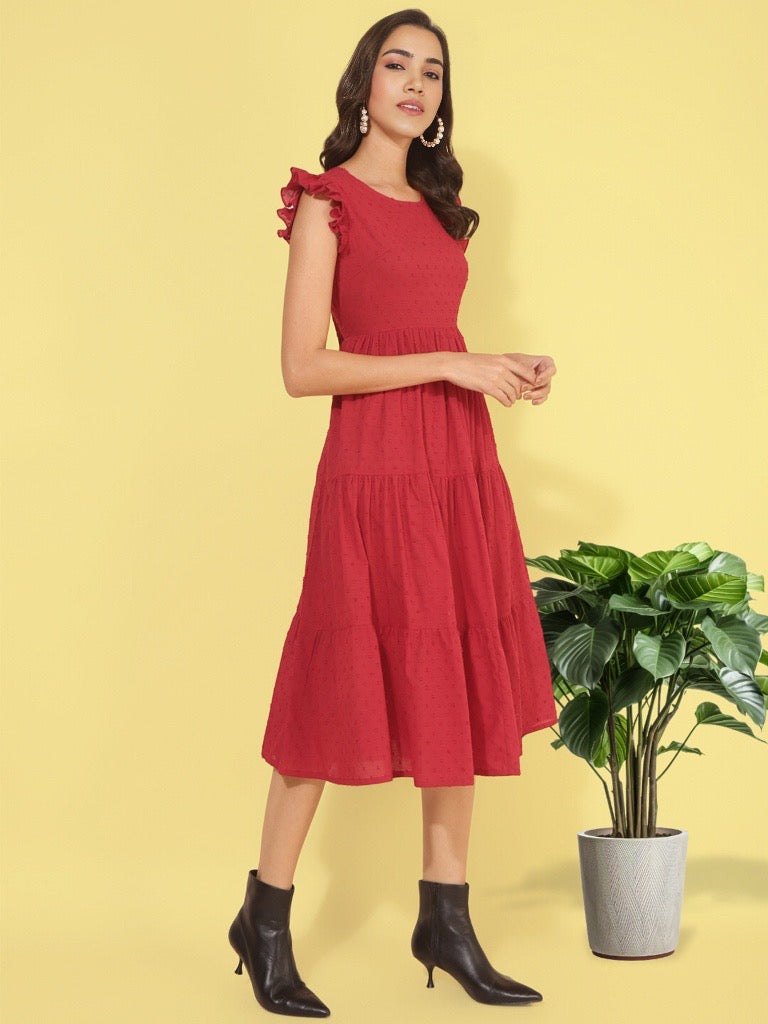 RED COTTON TEXTURED  SOLID TIERED WESTERN DRESS