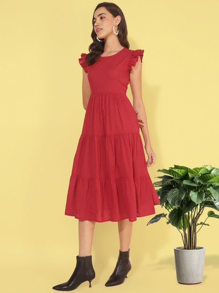 RED COTTON TEXTURED  SOLID TIERED WESTERN DRESS