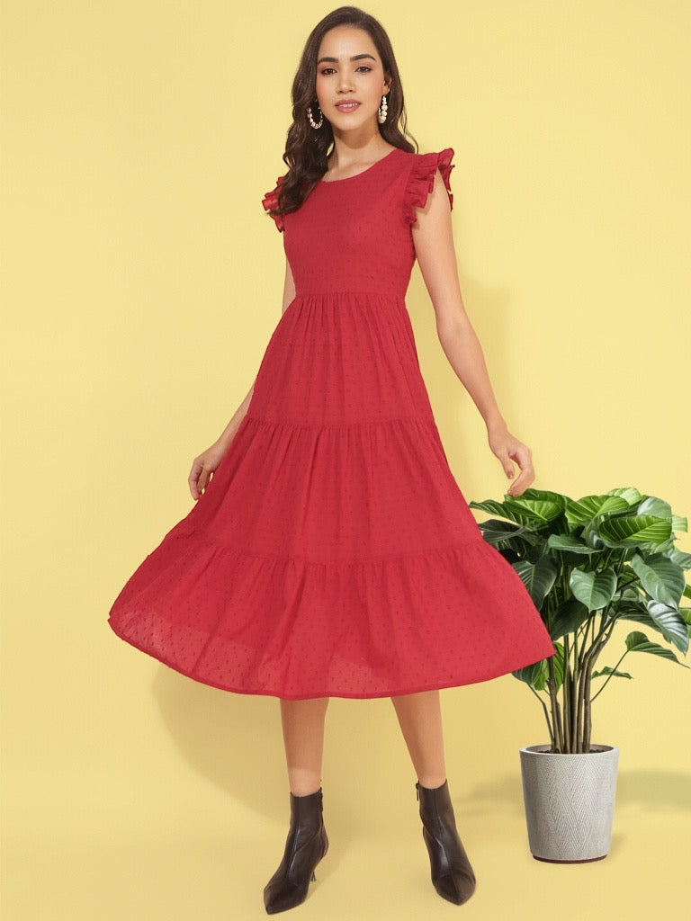 RED COTTON TEXTURED  SOLID TIERED WESTERN DRESS