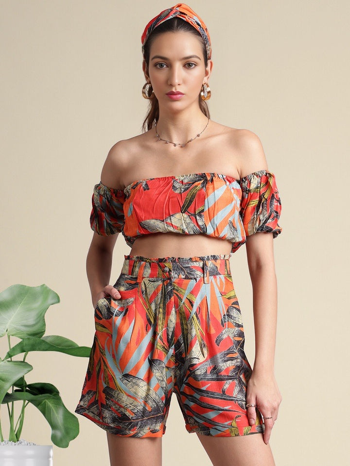 ORANGE TROPICAL MUSLIN OFF SHOULDER & SHORTS CO-ORD SET