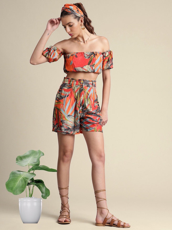 ORANGE TROPICAL MUSLIN OFF SHOULDER & SHORTS CO-ORD SET