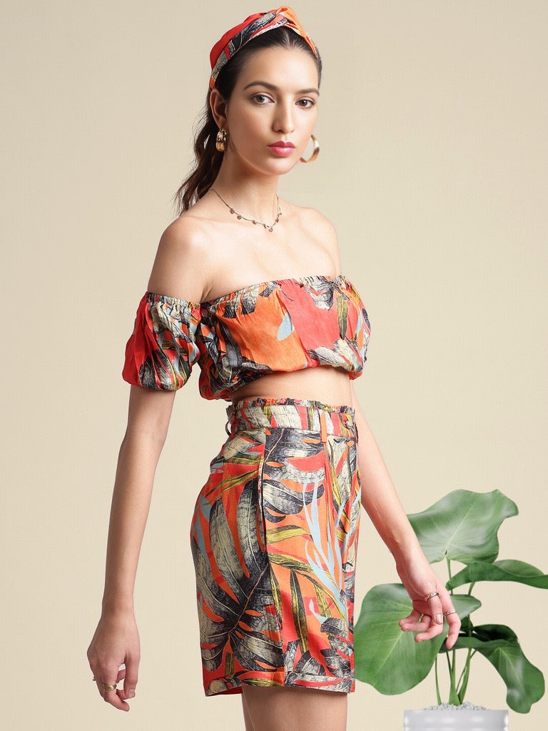 ORANGE TROPICAL MUSLIN OFF SHOULDER & SHORTS CO-ORD SET