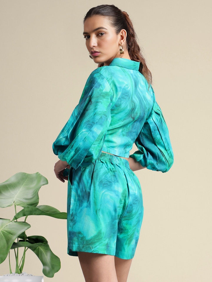 AQUA ABSTRACT TIE & DYE SHIRT & SHORTS CO-ORD SET