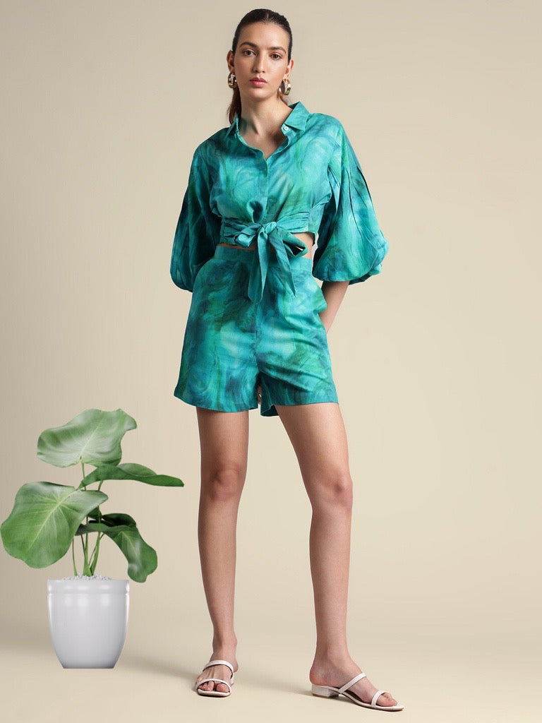 AQUA ABSTRACT TIE & DYE SHIRT & SHORTS CO-ORD SET