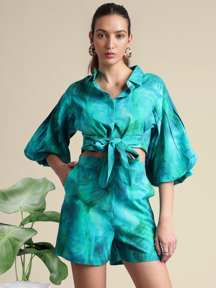 AQUA ABSTRACT TIE & DYE SHIRT & SHORTS CO-ORD SET