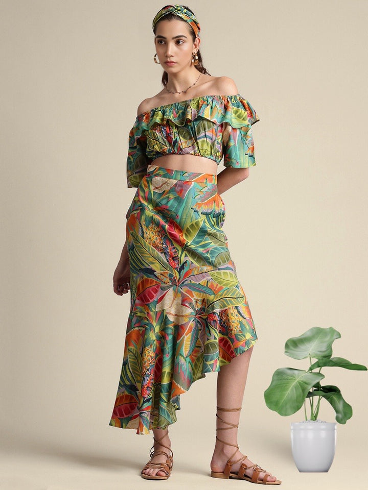 GREEN TROPICAL RUFFLES ASYMMETRIC MUSLIN SKIRT & TOP CO-ORD SET