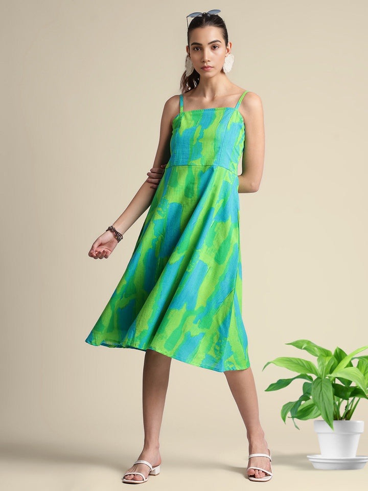 LIME & GREEN ABSTRACT COTTON TIE & DYE  SLEEVELESS A LINE DRESS