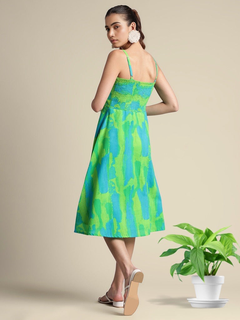 LIME & GREEN ABSTRACT COTTON TIE & DYE  SLEEVELESS A LINE DRESS