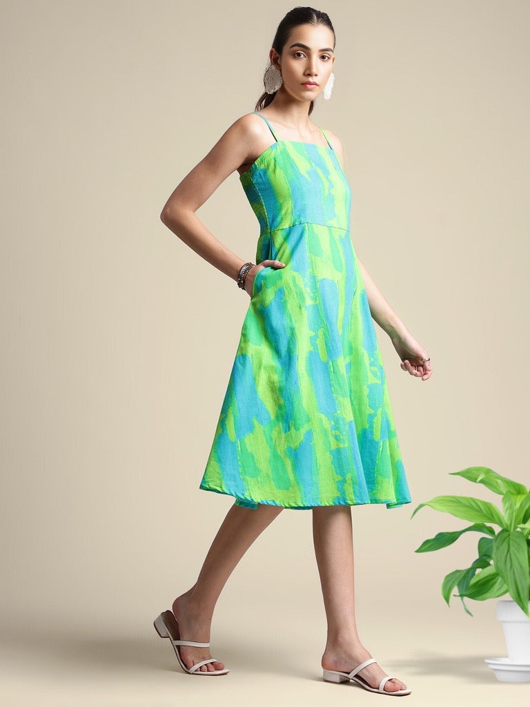 LIME & GREEN ABSTRACT COTTON TIE & DYE  SLEEVELESS A LINE DRESS