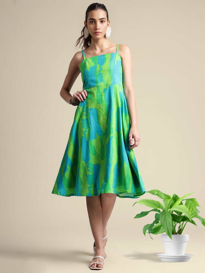 LIME & GREEN ABSTRACT COTTON TIE & DYE  SLEEVELESS A LINE DRESS