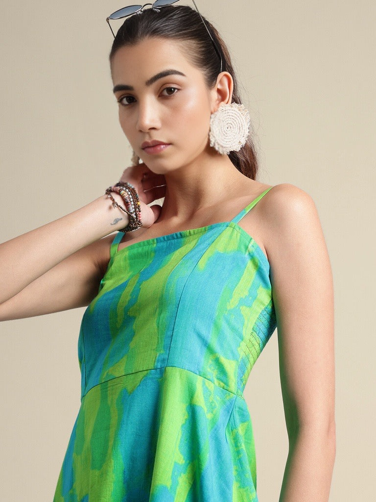 LIME & GREEN ABSTRACT COTTON TIE & DYE  SLEEVELESS A LINE DRESS