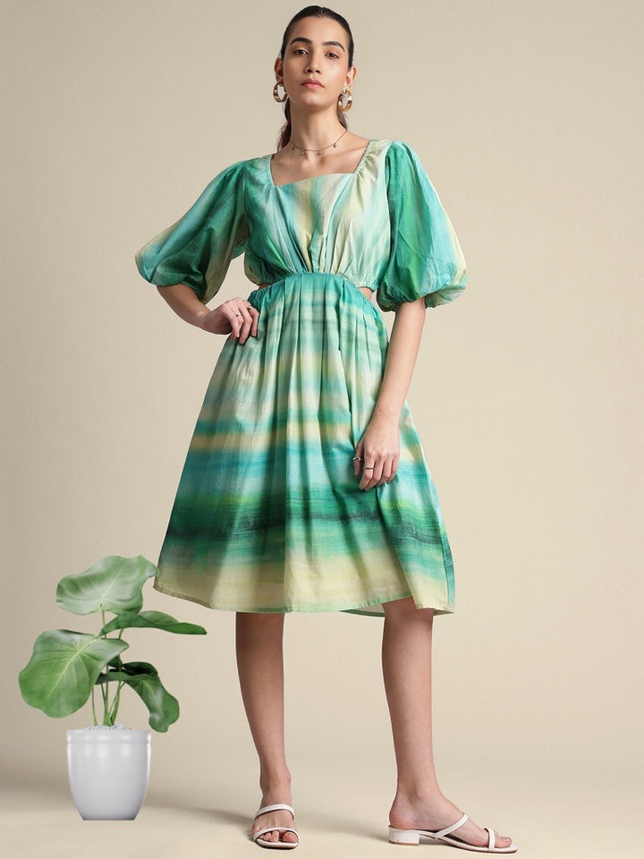 GREEN YELLOW MULTICOLOUR COTTON TIE & DYE FIT & FLARE DRESS WITH PUFFED SLEEVES