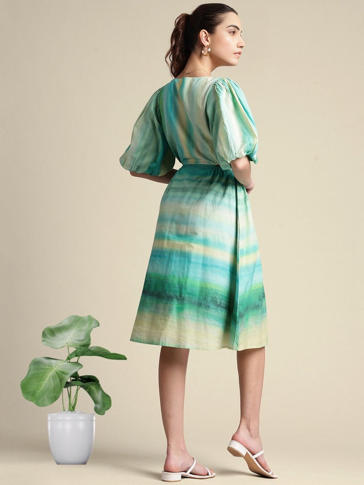 GREEN YELLOW MULTICOLOUR COTTON TIE & DYE FIT & FLARE DRESS WITH PUFFED SLEEVES