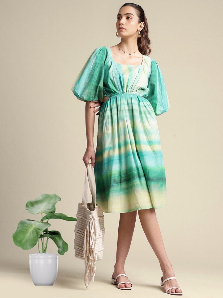 GREEN YELLOW MULTICOLOUR COTTON TIE & DYE FIT & FLARE DRESS WITH PUFFED SLEEVES