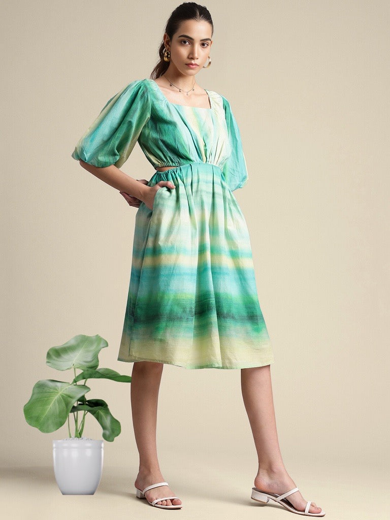 GREEN YELLOW MULTICOLOUR COTTON TIE & DYE FIT & FLARE DRESS WITH PUFFED SLEEVES