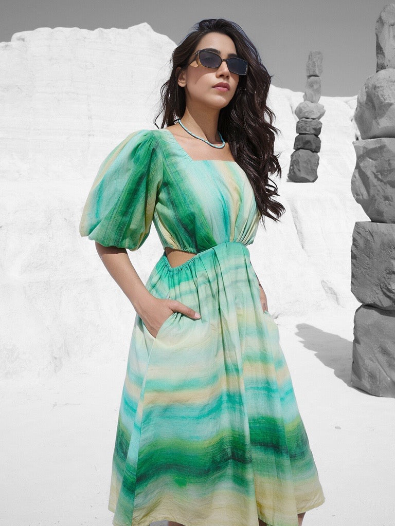 GREEN YELLOW MULTICOLOUR COTTON TIE & DYE FIT & FLARE DRESS WITH PUFFED SLEEVES