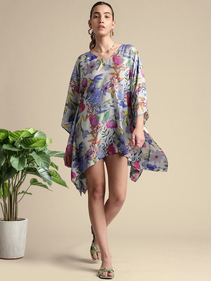 GREY MULTICOLOUR MUSLIN FLORAL PRINT TROPICAL KAFTAN DRESS