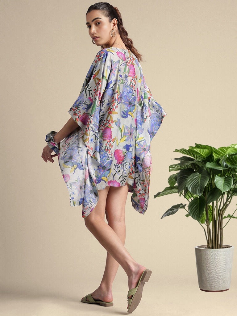 GREY MULTICOLOUR MUSLIN FLORAL PRINT TROPICAL KAFTAN DRESS