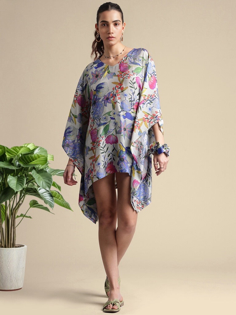 GREY MULTICOLOUR MUSLIN FLORAL PRINT TROPICAL KAFTAN DRESS