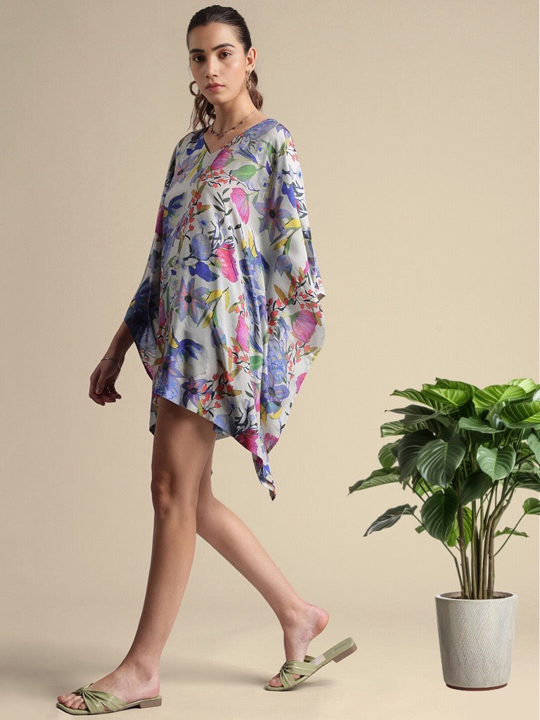 GREY MULTICOLOUR MUSLIN FLORAL PRINT TROPICAL KAFTAN DRESS